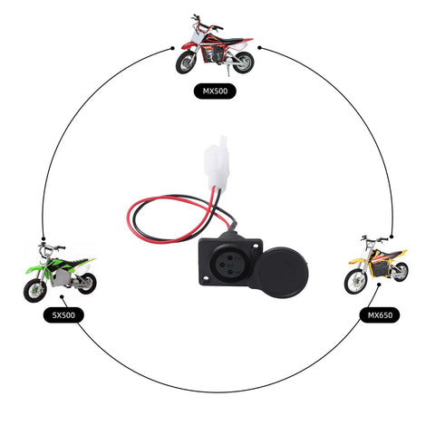 XLR Charger Port Replacement For Razor MX650 MX500 SX500 with 3-pin, 2-wire design shown with compatible bikes in circle