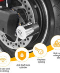Rugged As Hell Motorcycle Disc Brake Lock With Two Keys, Anti Theft Wheel Lock on front wheel disc brake, close-up view