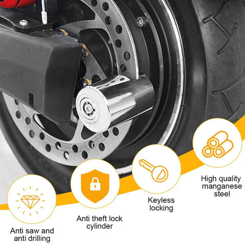 Rugged As Hell Motorcycle Disc Brake Lock With Two Keys, Anti Theft Wheel Lock on front wheel disc brake, close-up view