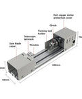High Precision Mini Wood Lathe Machine For DIY Enthusiasts showing stainless steel frame, chuck, and components with measurements.