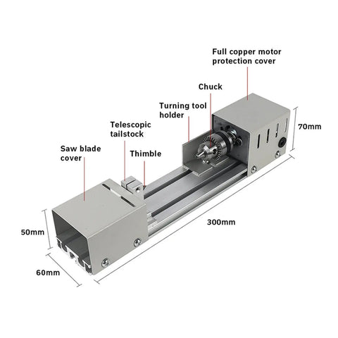 High Precision Mini Wood Lathe Machine For DIY Enthusiasts showing stainless steel frame, chuck, and components with measurements.