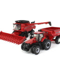 1 To 64 Scale 8250 Combine Harvesting Tractor And Truck Set With 12 Row Corn Head And Grain Head Diecast With Rubber Wheels