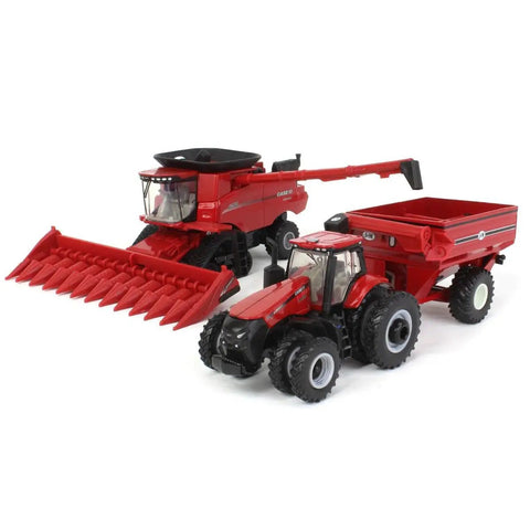 1 To 64 Scale 8250 Combine Harvesting Tractor And Truck Set With 12 Row Corn Head And Grain Head Diecast With Rubber Wheels