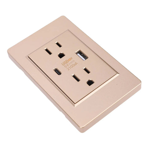 Top Tier 15 Amp Wall Outlet With Rock Solid Metal Faceplate And Smooth Dual USB C Plus USB A Charging Ports For Quick Plug In Home Or Office Setup Us Standard Plug, gold wall outlet with two USB ports.