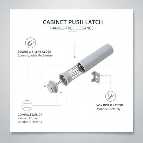 Push To Open Cabinet Latch Low Profile Gray Handleless Door Catch with Hidden Spring Durable PP Plastic Easy Install