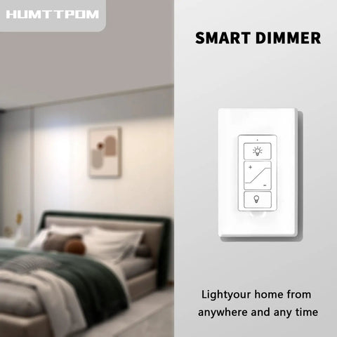 Slick Smart Dimmer Switch With Wireless Remote Control on wall in bedroom, enables convenient lighting adjustments.