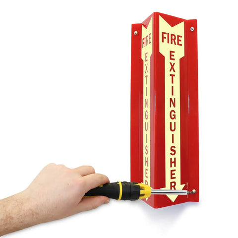 Installation of Fire Extinguisher Sign Two-Sided V-Shaped Projecting Wall Sign With Down Arrow 18x4 Inches 120 Mil Glow-In-The-Dark Acrylic