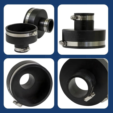 Flexible PVC Reducing Coupling With Stainless Steel Clamps For Four Inch By One And One Half Inch Nominal Pipe DWV Drain Waste And Vent System Indoors Or Outdoors Leak Proof Durable, black coupling