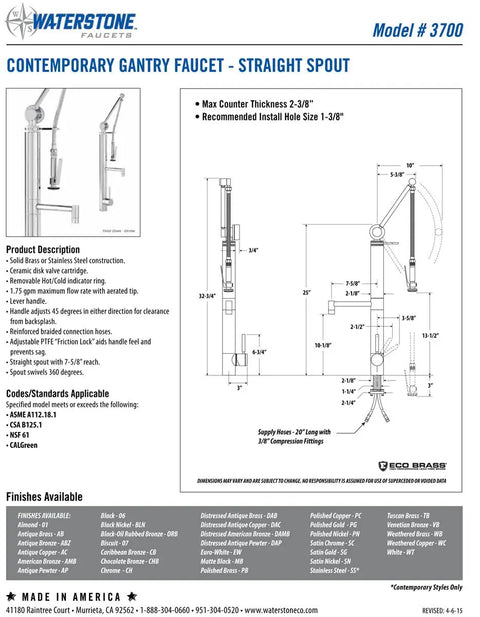 Top Shelf Contemporary Gantry Faucet Straight Spout Three Piece Suite In Warm Antique Copper specifications and dimensions chart.