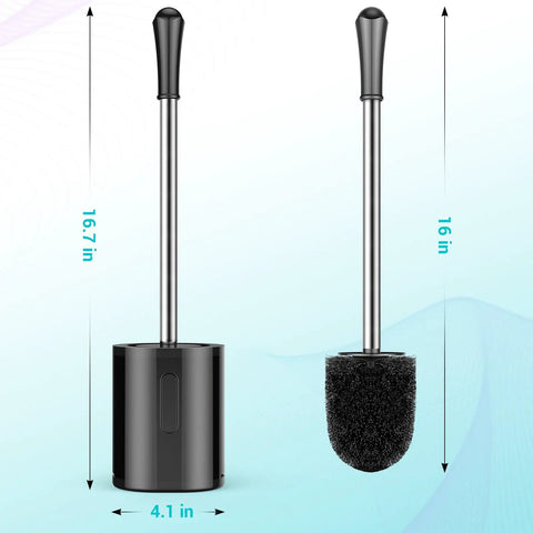 Compact Toilet Brush With Stainless Steel Handle And Hidden Base, Space Saving Plastic Holder, Drip Proof Caddy, Black