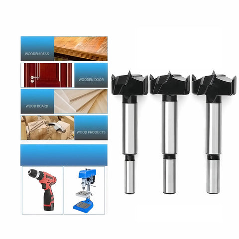 Meichoon Forstner drill bits set, 15–35 mm, three-piece front view; carbide high-speed steel wood bits