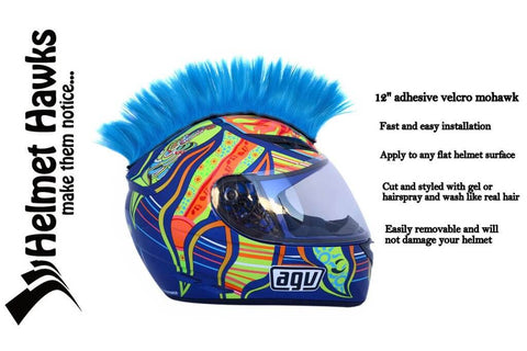 Fluorescent Neon Blue Mohawk Helmet Accessory With Sticky Hook And Loop Fastener Adhesive For Motorcycle Motocross Snowmobile ATV BMX And Bicycle Helmets Boosts Visibility Safety And That Boss Race Day Look showcased on a colorful helmet.