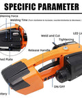 Portable Electric Strapping Machine For PP PET Steel Bands showing adjustable tension, release handle, LED light, and battery.