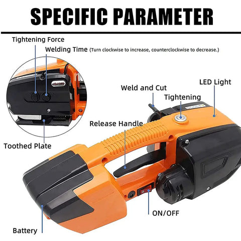 Portable Electric Strapping Machine For PP PET Steel Bands showing adjustable tension, release handle, LED light, and battery.