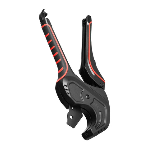 Ratcheting PVC CPVC Pipe Cutter with wide jaw and anti-fatigue grip, ideal for pro plumbers and contractors on site.