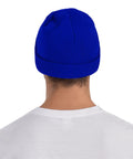 Kick Cold Weather To The Curb With This Straight Up Cozy Black And White Piano Plate Grid Knit Hat Crafted From Ultra Plush Acrylic Fiber For No Cap Winter Warmth Indoors Or Stepping Outside, blue knit beanie viewed from back