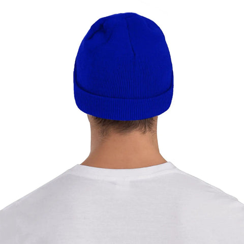 Kick Cold Weather To The Curb With This Straight Up Cozy Black And White Piano Plate Grid Knit Hat Crafted From Ultra Plush Acrylic Fiber For No Cap Winter Warmth Indoors Or Stepping Outside, blue knit beanie viewed from back