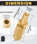 Two Pack Schrader Valve Adapter With Push To Connect Button For One Quarter Inch OD Air Hose Fittings For Semi Trucks And Trailers DOT Certified High Pressure Inflation Valve Up To Two Hundred PSI, showing dimensions and design details.