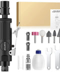 Heavy Duty 25000Rpm Straight Air Die Grinder Featuring Rear Exhaust Design For Lightning Fast Metal Polishing And Knockout Finish Work Around The Home Shop includes various attachments and manual.