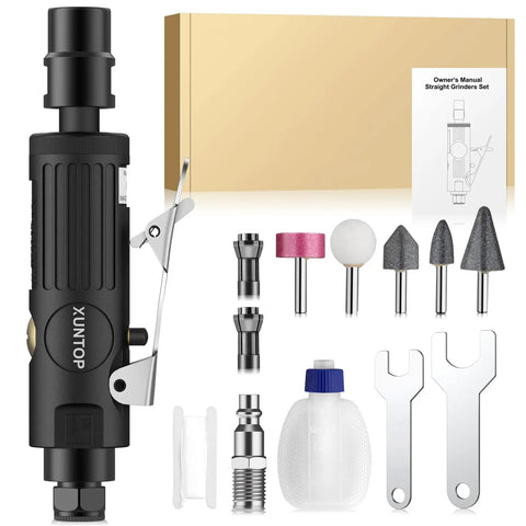 Heavy Duty 25000Rpm Straight Air Die Grinder Featuring Rear Exhaust Design For Lightning Fast Metal Polishing And Knockout Finish Work Around The Home Shop includes various attachments and manual.