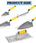 5 Piece Masonry Hand Tool Set with Brick Trowel, Pointing Trowels, and Tuck Pointing Tool showing size with yellow handles
