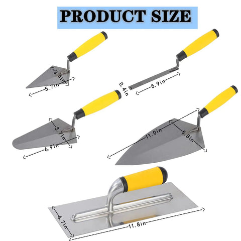 5 Piece Masonry Hand Tool Set with Brick Trowel, Pointing Trowels, and Tuck Pointing Tool showing size with yellow handles