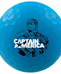 Blue golf ball featuring Captain America from Vivid Marvel Golf Ball Gift Set Five Pack With Officially Licensed Designs in Bold Graphics.