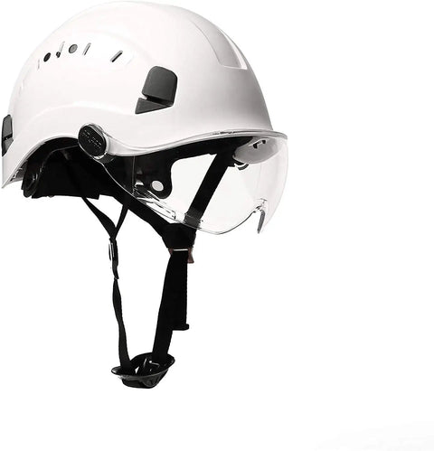 Side view of Adjustable ABS Safety Hard Hat with 6 Point Suspension and Clear Visor for Work at Height Climbing Construction