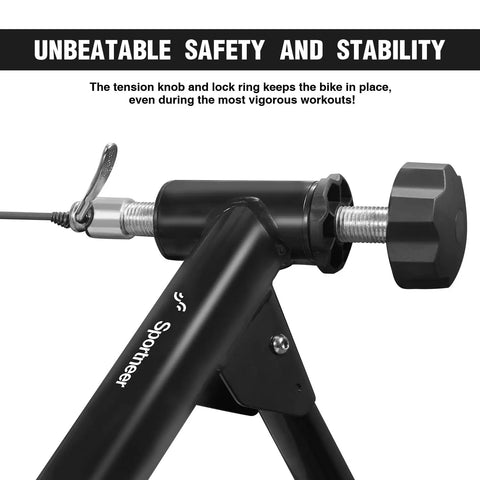 Close-up of Indoor Bike Trainer Stand For Home Gym With Quiet Fluid Resistance Wheel's safety locking mechanism
