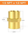 Beefy Brass Pipe Fitting 1/2 Inch Female To 1/2 Inch Female NPT Hex Coupling, corrosion resistant, side view dimension details.