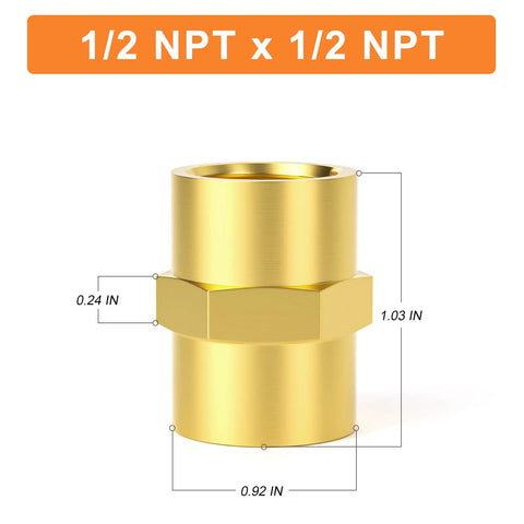 Beefy Brass Pipe Fitting 1/2 Inch Female To 1/2 Inch Female NPT Hex Coupling, corrosion resistant, side view dimension details.