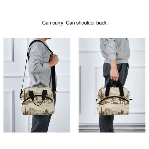 Person carrying Desert Cowboy Insulated 10L Cooler Bag Leakproof Lunch Box For Picnics Beach Trips Hiking Camping And Work Premium 300D Oxford Fabric