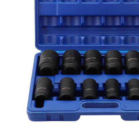 Sick 12 Piece 3/4 Inch Hex Impact Socket Kit, 3 Inches Long Rugged Design With Rust Proof Coating For Heavy Torque Jobs Plus Storage Case, Perfect For Tough Garage Work. black impact socket set in blue case