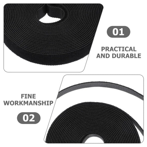 Keep Your Workstation Crisp With These Hella Durable Reusable Hook And Loop Cable Ties For Seamless Daily Cord Organization Clean Wire Management And Firm Bundling In Black, close-up of rolled black fabric strap.