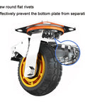 Close-up of 8 inch heavy duty solid rubber swivel caster with brake, showcasing new rivets and tire detail for secure mounting.