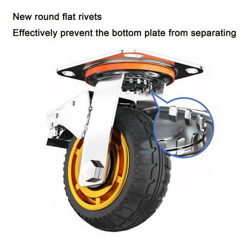 Close-up of 8 inch heavy duty solid rubber swivel caster with brake, showcasing new rivets and tire detail for secure mounting.