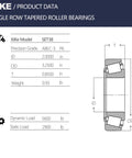 XiKe SET38 single-row tapered roller bearing data sheet with ID 2.000 in, OD 3.250 in, T 0.850 in.