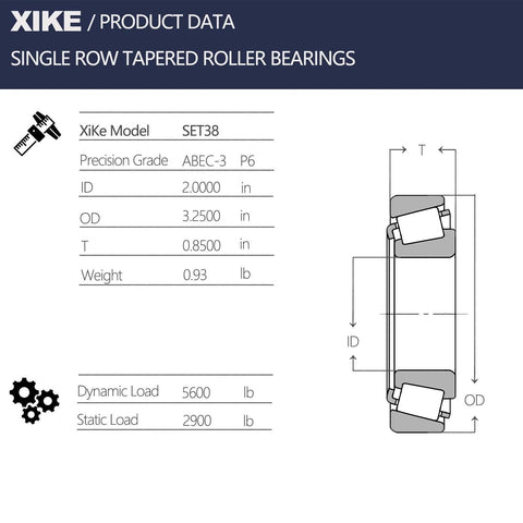 XiKe SET38 single-row tapered roller bearing data sheet with ID 2.000 in, OD 3.250 in, T 0.850 in.