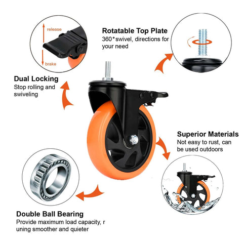 5-Inch Stem Caster Wheels With Brakes, Dual Locking Swivel Casters, heavy-duty, detailed view with specifications