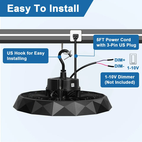 UFO LED High Bay Light 150W Dimmable Shop Warehouse Lighting 5000K 22500lm ETL Listed with 5ft US Cable Plug installation