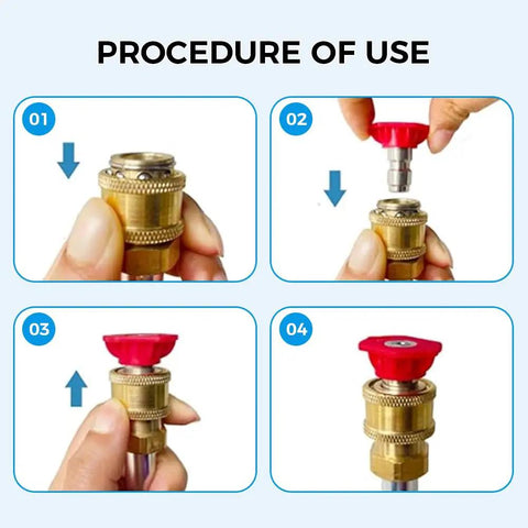 Step-by-step attachment guide for High Pressure Garden Hose Nozzle With Metal Power Washer Wand, 3 Spray Tips, Brass Connector