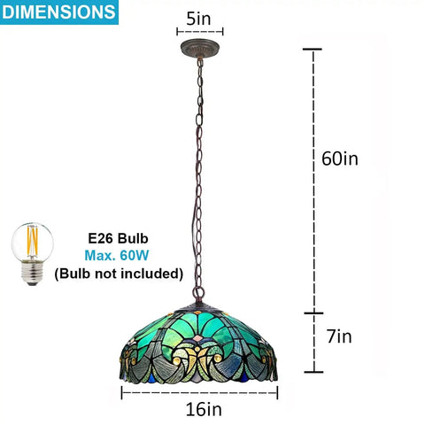 Dimensions of Tiffany Style Stained Glass Pendant Light With 16 Inch Wide Shade, 67 Inch Tall Vintage Vibe Hanging Lamp On 60 Inch Adjustable Chain
