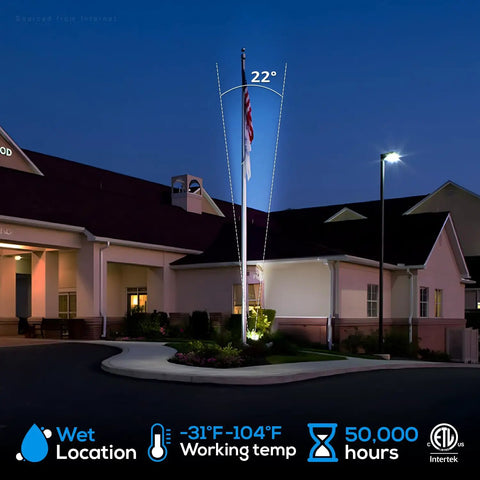 All In One Versatile LED Bullet Flood Light With 20W 30W 40W Options, 3CCT 3000K 4000K 5000K, illuminating flag pole and building