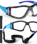 Rock Solid Two Pack Anti Fog Safety Glasses With Thick Foam Lined Gasket Secure Buckle Strap And Rugged Carry Pouch Ansi Certified Splash Shield Eye Protection For Tough Job Sites in black and blue with adjustable strap.