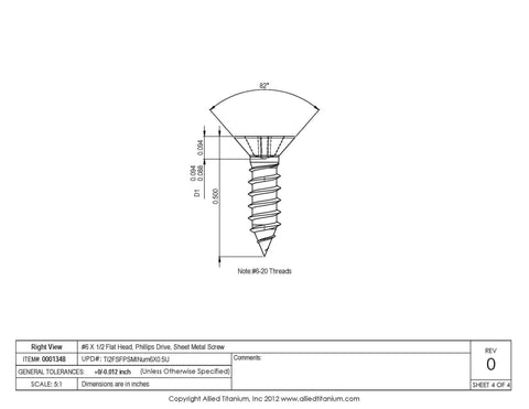 Technical diagram of Titanium Sheet Metal Screw Pack Of 25, No. 6 By One Half Inch Flat Head Phillips Drive, Grade 2 CP Titanium.