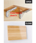 Open and closed views of Four Piece Heavy Duty Folding Shelf Bracket Set With 65 Kg Capacity Wall Mounted Triangular Support.