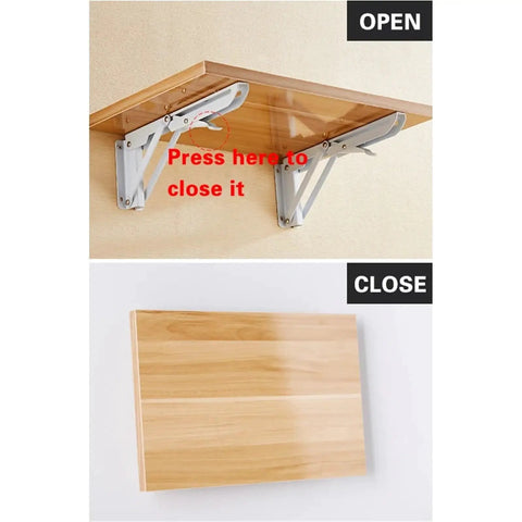 Open and closed views of Four Piece Heavy Duty Folding Shelf Bracket Set With 65 Kg Capacity Wall Mounted Triangular Support.
