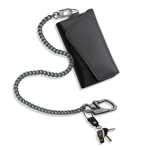 Beefy Wallet Chain For Men With Lockable Carabiner And Tungsten Steel Car Window Breaker Heavy Duty Key Belt Clip Chain With Black Leather Case