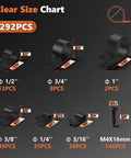 Heavy Duty Cable Clamps Kit With 292 Pieces, 6 Sizes From 3/16 To 1 Inch, PA66 Nylon R-Type Clips size chart and M4 screws