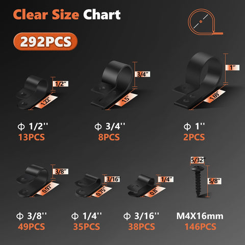 Heavy Duty Cable Clamps Kit With 292 Pieces, 6 Sizes From 3/16 To 1 Inch, PA66 Nylon R-Type Clips size chart and M4 screws